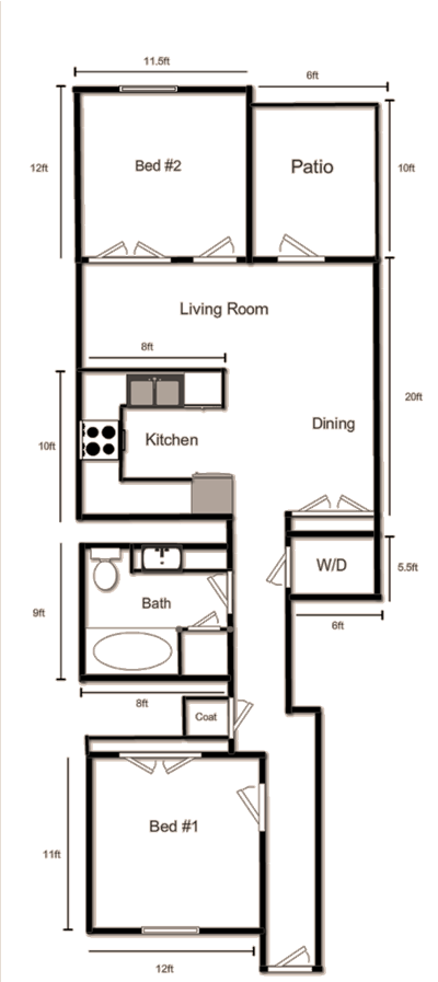 Floor plan for 2 beds, 1 bath